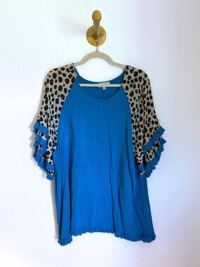 Umgee Blue Leopard Print Ruffle Sleeve Top XL | Boho Tunic Blouse